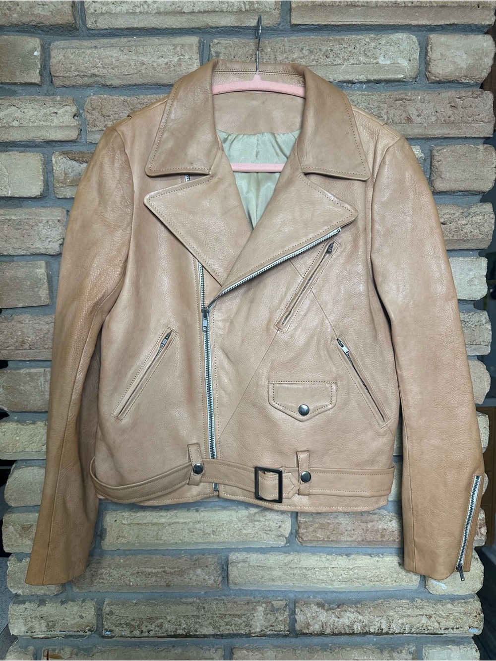 Frida Paris Tan Sheepskin Leather Biker Jacket Size 38